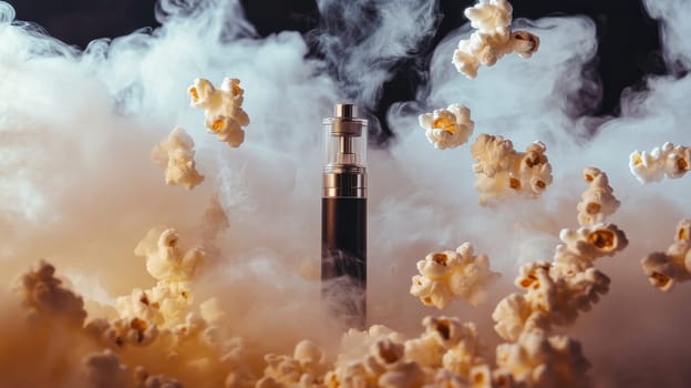 Vape surrounded by popcorn and smoke, creative concept. Modern lifestyle and vaping culture.
