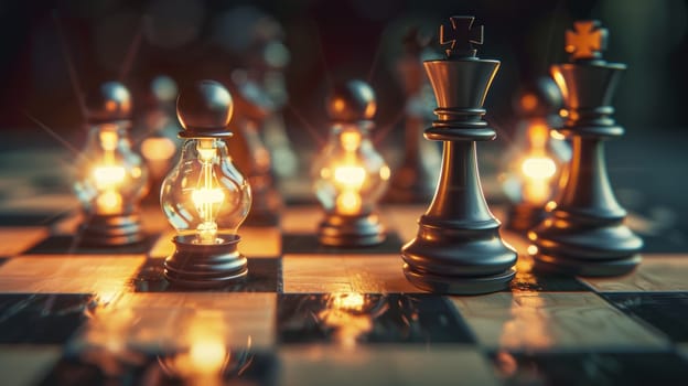 Glowing light bulbs as chess pieces symbolize the strategic role of innovation in business. detailed textures and vibrant lighting highlight the conceptual and dynamic theme, perfect for modern business visuals.