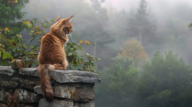 A maine coon cat sits elegantly on a stone wall, gazing into a misty forest at dawn. the soft light accentuates its thick fur, creating a serene and mysterious natural setting. ideal for nature-themed prints and designs.