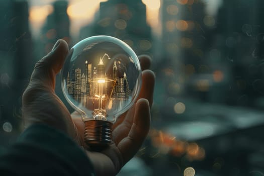 Symbolic representation of innovative thinking with a businessman holding a light bulb containing a miniature cityscape. highlights the transformative power of ideas in urban development and entrepreneurship against a blurred city background.