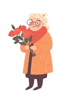 An elderly woman with a bouquet of flowers on a white background. High quality photo
