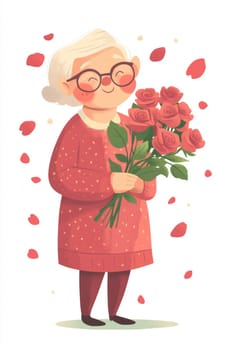 An elderly woman with a bouquet of flowers on a white background. High quality photo