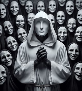 A man is standing in front of a crowd of people, all of whom are smiling. The man is wearing a hooded robe and a mask, and he is the center of attention. The scene is cheerful and lighthearted