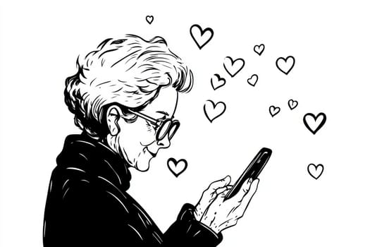 An elderly woman with a phone in her hands on a white background. High quality photo