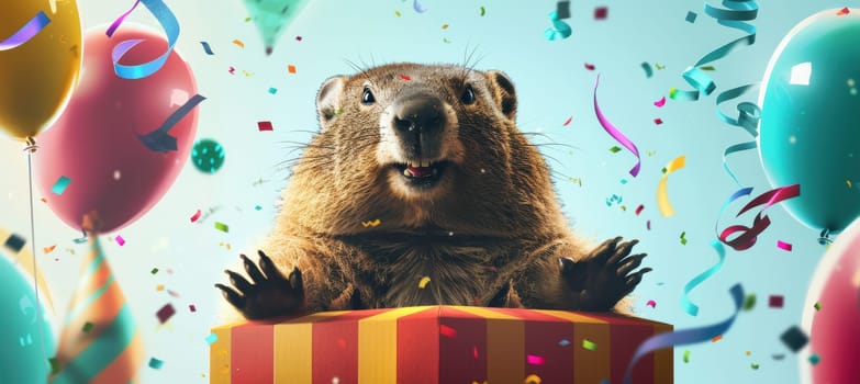 Groundhog day celebration featuring a cheerful groundhog emerging from a colorful gift box. festive balloons and vibrant streamers create a joyful and lively atmosphere, perfect for seasonal greetings or party invitations.