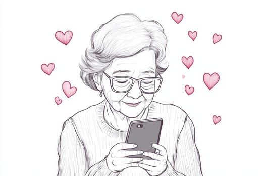 An elderly woman with a phone in her hands on a white background. High quality photo