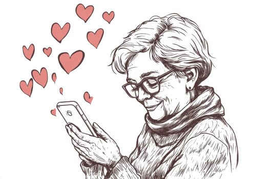 An elderly woman with a phone in her hands on a white background. High quality photo