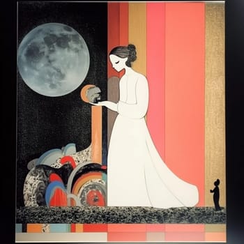 Stylized illustration of a woman in a white dress holding a glowing orb, with abstract shapes and a full moon in the background