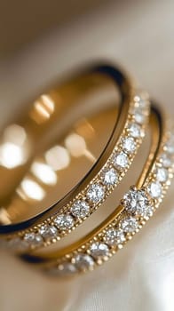 Two simple gold wedding rings are laying on white cloth, ready for the couple to exchange during their wedding ceremony