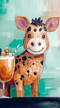 Whimsical impasto painting of a cartoon cow with black spots standing on a black surface with a tropical cocktail in the foreground