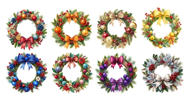 Christmas wreaths with Christmas decorations, isolated on white background. Christmas tree decoration. Holiday fir tree garland. Festive winter season spruce branches. Ai generated