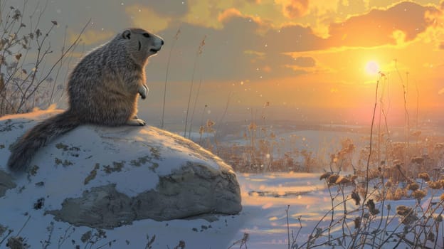 Groundhog day greeting card featuring a groundhog on a snowy rock, gazing at a vibrant sunset. the scene first signs of spring with soft pastel tones, allowing space for personalized messages.