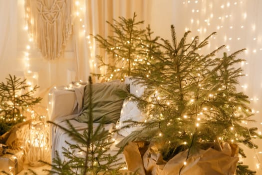 Interior bedrooms in Scandinavian style, decorated for the Christmas holidays. Live ate in the interior