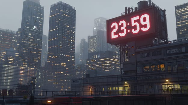 Big city clock is showing 23,59 on a digital display, with skyscrapers towering in the background and blurry traffic in the foreground