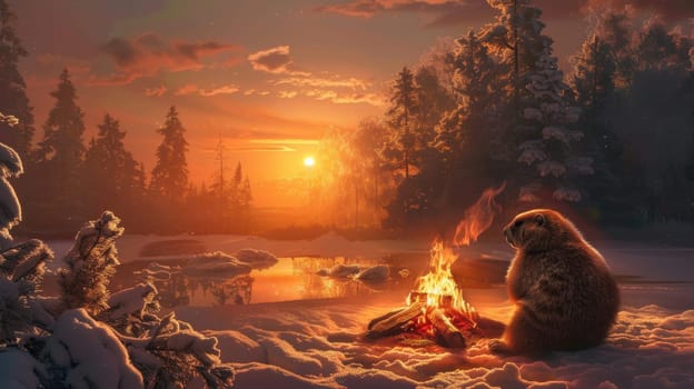 Groundhog nestles by a crackling campfire in a serene winter landscape, with the sun setting behind snow-dusted trees, casting warm, inviting tones. perfect for groundhog day greeting cards with ample space for messages.