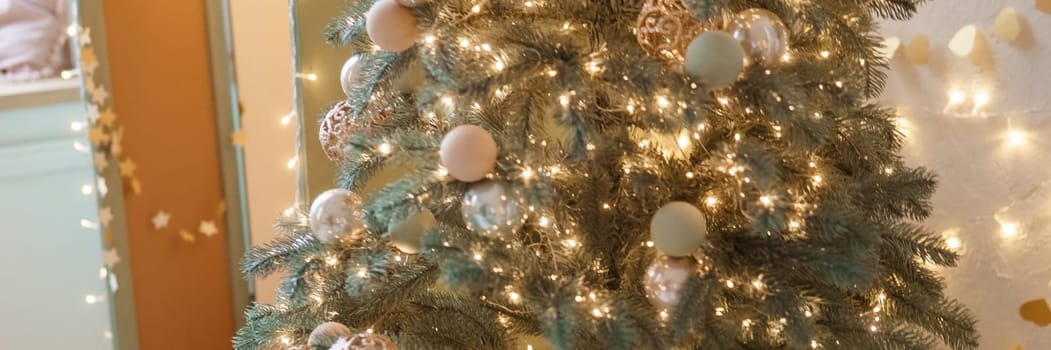 Christmas balls in close-up on the Christmas tree. Decorations for Christmas trees. The concept of celebrating New Year and Christmas