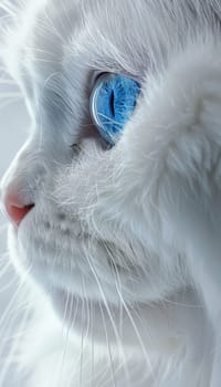 A close-up portrait of a persian cat showcases its striking blue eyes and fluffy white fur. the soft lighting accentuates the luxurious textures and the cat's calm, regal expression, creating an image of elegance.