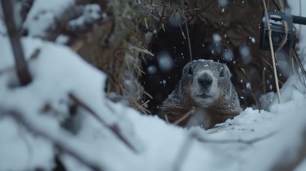 A groundhog peeks out from its snow-covered burrow as gentle flakes fall around it. in the background, a camera crew scene, adding to the atmosphere of anticipation and winter charm.