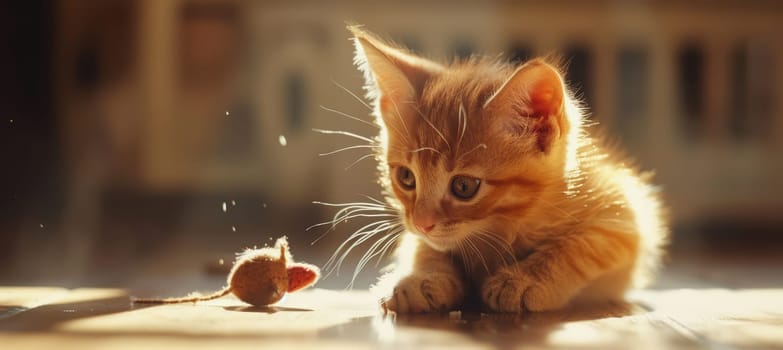 A lively orange tabby kitten enjoys a sunlit room, intently focused on a small toy mouse. its wide, curious eyes and energetic demeanor create an engaging scene, perfect for promoting interactive pet activities.