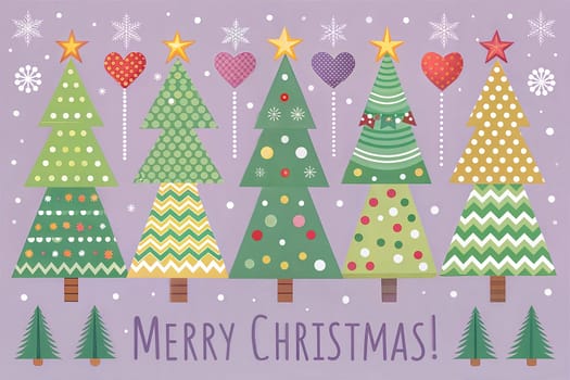 Merry Christmas postcard. Collection of Christmas trees on purple background. Festive illustration. Ai generated