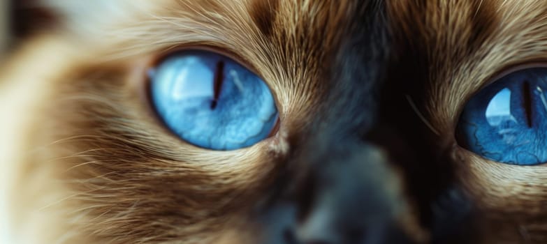 A detailed close-up of a siamese cat's face highlights its vibrant blue eyes in sharp focus. the softly blurred, neutral background enhances the cat's elegant and refined expression, perfect for luxury pet branding.