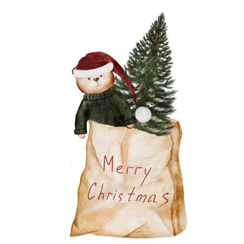 Christmas tree in a craft bag. Evergreen plant with a teddy bear in paper packaging on a white background. Ideal for New Year and Christmas cards and posters. High quality photo