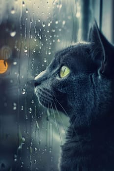 Close-up shot of a russian blue cat with striking green eyes peering out a window. soft raindrops on the glass complement the blurred city backdrop, the cat's sleek fur and expressive gaze.