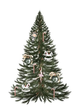 Christmas card watercolor. Hand drawn vintage evergreen tree with with vintage toys, a nutcracker, a ballerina and a horse isolated on white background. Clip art of Christmas and New Year symbol. Ideal for greeting cards, posters and home crafts design. High quality illustration