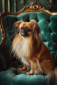 Japanese chin with a long, silky coat sits majestically on a plush velvet cushion in an opulent room. the elegant backdrop and ambient lighting enhance its regal posture and sophisticated presence, ideal for luxury decor themes.