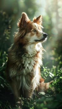 Icelandic sheepdog in a vibrant green field under sunlight, its fluffy coat and friendly demeanor, ideal for animal enthusiasts and nature-inspired decor.
