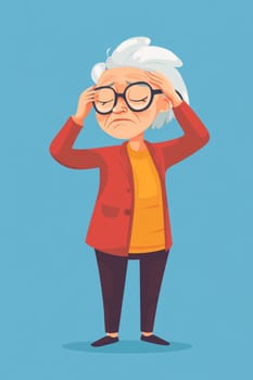 Gray-haired old woman, holding her head, suffering from headache. Sad pensioner in a burgundy sweater on a blue background. High quality photo