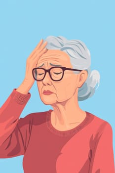 Gray-haired old woman, holding her head, suffering from headache. Sad pensioner in a burgundy sweater on a blue background. High quality photo