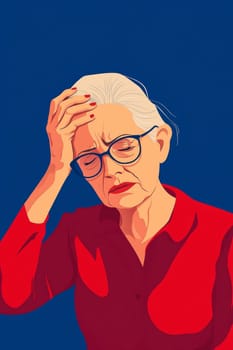 Gray-haired old woman, holding her head, suffering from headache. Sad pensioner in a burgundy sweater on a blue background. High quality photo