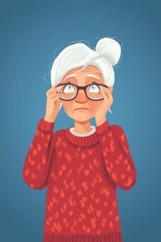 Gray-haired old woman, holding her head, suffering from headache. Sad pensioner in a burgundy sweater on a blue background. High quality photo