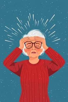 Gray-haired old woman, holding her head, suffering from headache. Sad pensioner in a burgundy sweater on a blue background. High quality photo