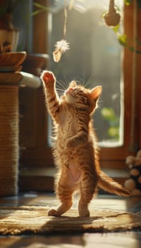 A lively ginger kitten stands on hind legs, playfully reaching for a hanging feather toy in a sunlit room. ideal for promoting interactive pet toys, this scene captures fun and energy, perfect for pet-themed marketing materials.