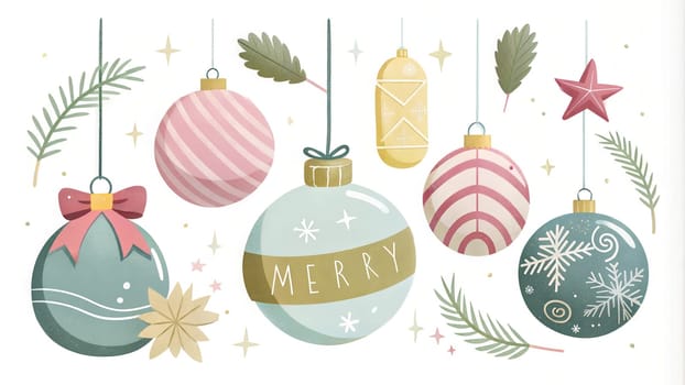 Festive Christmas decorations illustration set, isolated on white. Christmas tree balls pastel colors. Ai generated image