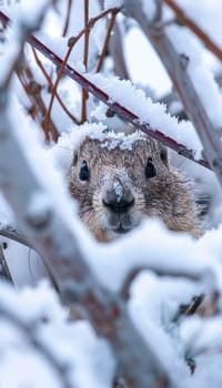 Close-up of a curious groundhog peeking from its snow-covered burrow, surrounded by frosty branches. perfect for wildlife enthusiasts, nature-themed prints, or seasonal greeting cards.