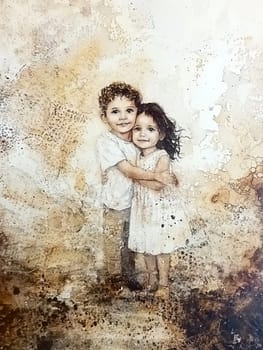 Nostalgic watercolor painting of a brother and sister embracing, conveying a sense of warmth, innocence, and the enduring bond of family