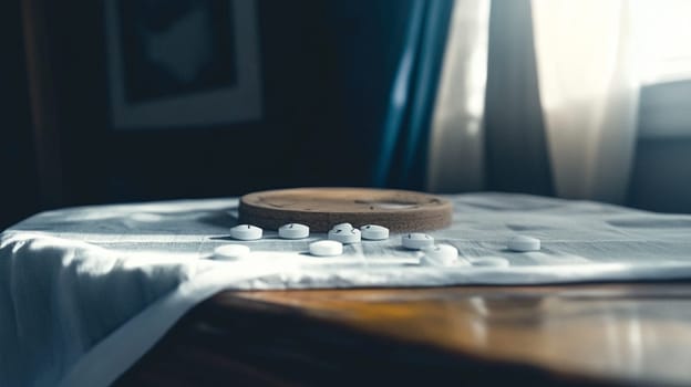 White pills are spilling from a wooden pill organizer sitting on a table top with a white tablecloth, illuminated by sunlight from a nearby window