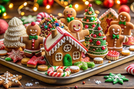 Christmas Gingerbread house decorated with icing and gingerbread mens. Christmas homemade pastry. Ai generated