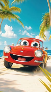 Red cartoon car is speeding on a tropical beach with palm trees