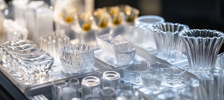 Variety of elegant crystal clear glassware standing on illuminated shelves in modern glassware store