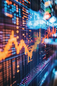 Stock market data graph showing increase in stock value on monitor screen in perspective