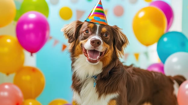 Australian shepherd dog is happily posing for its birthday in front of colorful balloons