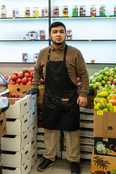 retail shop vegetables organic store people sale seller business standing man market food