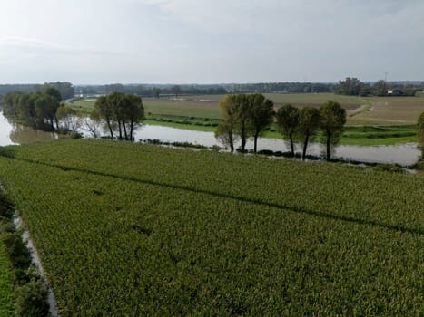 Aerial view of a flooded agricultural landscape with fields and a river overflowing due to heavy rainfall. The flood is causing damage to crops and farmland in Lombardy Italy