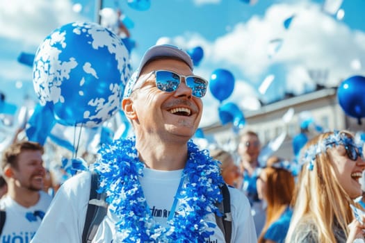 Man laughs during a parade, surrounded by people enjoying the festivities