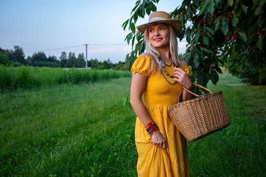 A woman in a mustard dress harvests ripe red cherries from a cherry tree with green leaves on a sunny spring day. She smiles, enjoying the fresh air and her fruitful work.