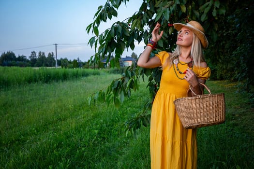 A smiling blonde woman in a mustard-colored dress holds ripe red cherries near the branches of a cherry tree. Green leaves and a sunny spring day surround her.